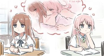 2girls bang_dream! bang_dream!_it's_mygo!!!!! blue_eyes blue_ribbon blush brown_hair chair chihaya_anon closed_mouth commentary desk ear_blush english_text fang grey_eyes haneoka_school_uniform highres holding holding_pencil imagining long_hair lyy multiple_girls nagasaki_soyo neck_ribbon open_mouth pencil pink_hair ribbon school_chair school_desk school_uniform shared_thought_bubble speech_bubble symbol-only_commentary thought_bubble tsukinomori_school_uniform yuri