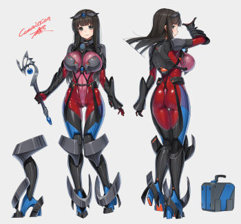 1girl armored_bodysuit armored_boots ass black_bodysuit blue_bodysuit bodysuit boots breasts briefcase brown_eyes brown_hair commission covered_navel from_behind gauntlets grey_background headgear high_heels holding holding_wand impossible_bodysuit impossible_clothes knee_boots large_breasts long_hair multicolored_bodysuit multiple_views original red_bodysuit shiny_clothes skeb_commission skin_tight takada_kazuhiro wand