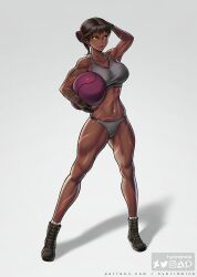 1girl abs arm_behind_head arm_tattoo artist_name artstation_logo ball bare_shoulders biceps black_gloves boots bow breasts brown_hair commission dark-skinned_female dark_skin deviantart_logo exercise_ball female_focus fingerless_gloves full_body gloves grey_panties hair_bow highres hybridmink instagram_logo lace-up_boots large_breasts looking_at_viewer mature_female muscular muscular_arms muscular_female muscular_legs narrow_waist navel open_mouth original paid_reward_available panties parted_hair patreon_logo patreon_username pinup_(style) scar scar_on_arm scar_on_leg scar_on_shoulders scar_on_stomach scar_on_thigh shadow short_hair shoulder_tattoo simple_background socks solo sports_bra sportswear standing tattoo thick_thighs thighs tight_clothes toned toned_female toned_stomach triceps twitter_logo two-tone_panties underwear white_background wide_hips yellow_eyes