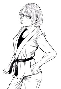 1girl asymmetrical_bangs breasts cleavage commentary_request cowboy_shot dougi greyscale hand_on_own_hip highres large_breasts lee_(dragon_garou) monochrome original short_hair smile solo torn_clothes undershirt