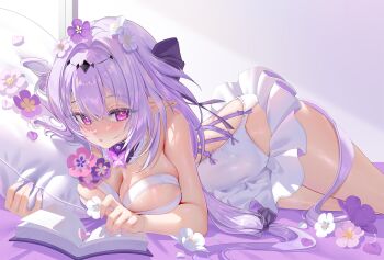 1girl blush book breasts castorice_(honkai:_star_rail) commentary covered_navel flower hair_flower hair_ornament highres honkai:_star_rail honkai_(series) kururu_(qqqqq59508750) large_breasts long_hair looking_at_viewer lying on_stomach open_book paid_reward_available parted_lips pointy_ears purple_eyes purple_hair solo thighs very_long_hair