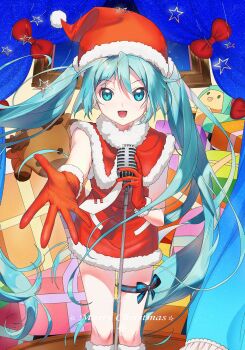 1girl aqua_eyes aqua_hair bow box capelet christmas commentary_request dress fur-trimmed_capelet fur-trimmed_gloves fur_trim gift gift_box gloves hair_between_eyes hat hatsune_miku highres holding holding_microphone long_hair microphone necktie open_mouth reaching reaching_towards_viewer red_bow red_gloves santa_costume santa_dress santa_hat smile solo thigh_strap tie_clip twintails user_grer8255 very_long_hair vocaloid white_necktie