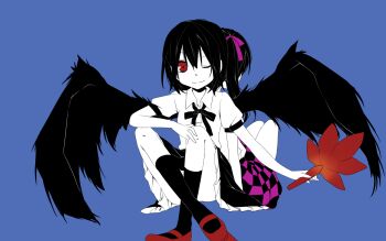 2girls back-to-back black_bow black_bowtie black_hair black_skirt black_socks blue_background bow bowtie checkered_clothes checkered_skirt closed_mouth collared_shirt commentary_request geta hauchiwa himekaidou_hatate holding kneehighs looking_at_viewer multiple_girls no_headwear one-hour_drawing_challenge one_eye_closed puffy_short_sleeves puffy_sleeves purple_skirt red_eyes red_shoes shameimaru_aya shirt shoes short_sleeves simple_background sitting skirt smile socks tengu-geta touhou tsuno_no_hito two-tone_skirt white_shirt wings