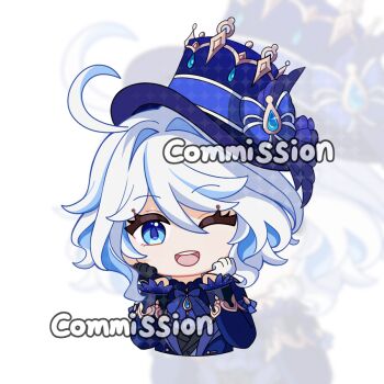 1girl ;d ascot asymmetrical_gloves black_gloves blue_ascot blue_bow blue_eyes blue_hat blue_jacket bow chibi chibi_only chinese_commentary commentary_request commission cropped_torso furina_(genshin_impact) genshin_impact gloves hair_between_eyes hair_intakes hands_up hat hat_bow jacket long_sleeves looking_at_viewer mismatched_gloves one_eye_closed open_mouth short_hair simple_background smile solo watermark white_background white_gloves white_hair wuliao_de_k_zi