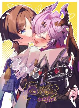 Rule 34 | 2boys, amoebozoa, armor, black bodysuit, black bridal gauntlets, black coat, black shorts, black sleeves, black wings, blue cape, blue eyes, blunt ends, bodysuit, border, bridal gauntlets, brown hair, cape, cheek-to-cheek, closed mouth, coat, collared coat, colored eyelashes, crossed bangs, dragon boy, dragon horns, dragon wings, durin (genshin impact), eyeliner, flying sweatdrops, forehead, furisode, genshin impact, gloves, hair between eyes, hair intakes, hakama, hakama shorts, hand on another's back, heads together, heart, highres, horns, hug, japanese armor, japanese clothes, kimono, kote, kurokote, light blush, long sleeves, makeup, mini durin (genshin impact), multicolored hair, multiple boys, one eye closed, open mouth, parted bangs, pleated shorts, purple hair, purple horns, red eyeliner, scaramouche (cat) (genshin impact), scaramouche (genshin impact), short sleeves, shorts, speech bubble, streaked hair, translation request, tsurime, turtleneck, turtleneck bodysuit, wanderer (genshin impact), watermark, white border, white gloves, white hair, white kimono, white sleeves, wings, yellow background