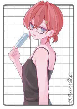 1000000fuka 1girl absurdres alternate_costume ange_katrina bare_arms bare_shoulders black-framed_eyewear black_camisole blue_eyes border breasts camisole crossed_bangs food from_side glasses grey_border grid_background hair_between_eyes hair_intakes hair_ornament hand_up hashtag-only_commentary highres holding holding_food holding_popsicle inset_border jitome looking_at_viewer looking_to_the_side low_ponytail nijisanji open_mouth ponytail popsicle red_hair short_ponytail small_breasts solo spaghetti_strap triangle_hair_ornament turning_head twitter_username upper_body virtual_youtuber white_background
