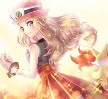 1girl black_shirt blue_eyes bracelet breasts brown_hair closed_mouth commentary delphox eyewear_on_headwear fingernails gen_6_pokemon hat high-waist_skirt highres holding holding_poke_ball jewelry konna-nani lens_flare light_smile long_hair looking_at_viewer looking_to_the_side low-tied_long_hair mega_ring nintendo outdoors poke_ball poke_ball_(basic) pokemon pokemon_(creature) pokemon_xy red_hat red_skirt serena_(pokemon) shirt skirt sleeveless sleeveless_shirt sparkle sunglasses symbol-only_commentary white-framed_eyewear