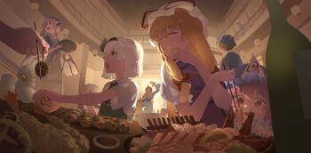 Rule 34 | 6+girls, :d, ^ ^, absurdres, alcohol, antennae, arm up, beer mug, black hairband, blonde hair, blue hat, blue headscarf, blue kimono, bottle, bow, bowl, choko (cup), chopsticks, closed eyes, commentary request, cup, dress, feast, food, green eyes, green hair, green vest, grin, hair between eyes, hair bow, hairband, halo, hat, hat ribbon, headscarf, highres, holding, holding chopsticks, holding tray, holding with chopsticks, horns, hoshiguma yuugi, ibaraki kasen, ibuki suika, indoors, japanese clothes, kimono, kinoko (kino2435006), konpaku youmu, long hair, meat, mob cap, mug, multiple girls, mushroom, mystia lorelei, okamisty, open mouth, pink hair, purple tabard, red bow, red eyes, red ribbon, ribbon, saigyouji yuyuko, shirt, short hair, shrimp, shrimp tempura, single horn, skewer, smile, tabard, tempura, touhou, tray, triangular headpiece, vest, white dress, white hair, white hat, white shirt, wings, wriggle nightbug, yakumo yukari