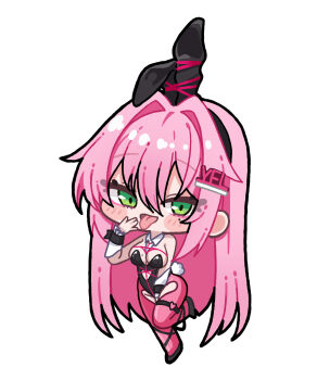 1girl animal_ears bare_shoulders black_leotard breasts chibi cleavage clothing_cutout collar fake_animal_ears full_body goddess_of_victory:_nikke green_eyes hair_ornament heart_cutout inesia leotard long_hair looking_at_viewer mole mole_on_breast mole_under_mouth open_mouth pantyhose pink_hair pink_pantyhose playboy_bunny rabbit_ears red_rope rope shibari simple_background smile solo standing standing_on_one_leg tongue tongue_out velvet_(nikke) white_background wrist_cuffs