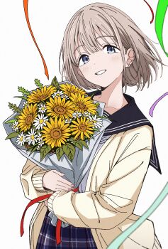 Rule 34 | 1girl, berry, black sailor collar, blue eyes, blue skirt, bouquet, brown hair, cardigan, commentary, confetti, cowboy shot, daisy (flower), dated commentary, earclip, film grain, flower, grin, highres, holding, holding bouquet, idolmaster, idolmaster shiny colors, open cardigan, open clothes, plaid clothes, plaid skirt, pleated skirt, qaqyes re, sailor collar, sailor shirt, school uniform, serizawa asahi, shirt, short hair, simple background, skirt, smile, solo, sunflower, untranslatable commentary, tareme, white background, white flower, white shirt, yellow cardigan, yellow flower