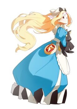 1girl apron blonde_hair blue_dress bow closed_mouth commentary dress expressionless full_body hair_bow hair_ribbon highres holding juliet_sleeves keibi_inu large_bow long_dress long_hair long_sleeves looking_at_viewer mahou_shoujo_ni_akogarete morino_korisu nero_alice puffy_sleeves red_eyes ribbon venalita very_long_hair white_apron white_background white_bow