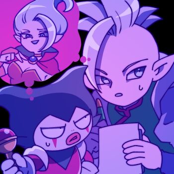 1girl 2boys black_background breasts brother_and_sister bunbun28g cleavage colored_skin commentary_request degesu dr._arinsu dragon_ball dragon_ball_daima dress eyeshadow floating_hair gloves gold_choker gomah_(dragon_ball) highres holding holding_notepad holding_pencil holding_staff image_in_thought_bubble juliet_sleeves long_sleeves looking_at_another looking_to_the_side makeup mohawk multiple_boys notepad open_mouth pencil pink_skin pointy_ears puffy_sleeves purple_eyes red_eyeshadow red_lips shared_thought_bubble siblings speech_bubble staff strapless strapless_dress sweatdrop thought_bubble white_gloves white_hair white_skin