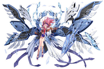 Rule 34 | absurdres, alternate form, armored gloves, artery gear, artery gear: fusion, blue dress, claws, dress, floating, floating object, floating weapon, hair ornament, halo, highres, jewelry, long hair, mecha musume, mechanical halo, mechanical wings, open mouth, purple hair, rigging, thighlet, wing hair ornament, wings, xingyao liu (artery gear), yellow eyes, zhu fun