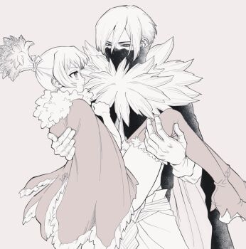 1boy 1girl boots cape carrying coat dr._stone fur_trim gloves hand_on_own_chest hetero high_heels high_ponytail hyoga_(dr._stone) implied_hetero lips looking_at_another mask momiji_homura monochrome mouth_mask ninja ninja_mask ninomae_gin open_mouth pants parted_lips ponytail princess_carry short_hair siblings sidelocks simple_background thick_lips thigh_boots thighhighs white_gloves winter_clothes winter_coat