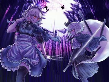 4girls ace_(playing_card) ace_of_hearts adapted_costume apron bamboo bamboo_forest bat_wings between_fingers black_gloves black_thighhighs bow braid cape card commentary cross-laced_clothes cross-laced_skirt danmaku dual_wielding elbow_gloves english_commentary fighting fingerless_gloves forest gloves glowing glowing_eyes green_bow green_cape green_skirt grey_hair hair_bow hairband heart highres hitodama holding holding_card holding_knife imperishable_night izayoi_sakuya katana knife knives_between_fingers konpaku_youmu konpaku_youmu_(ghost) long_hair maid maid_headdress multiple_girls multiple_swords nature outdoors playing_card red_eyes remilia_scarlet saigyouji_yuyuko saigyouji_yuyuko&#039;s_fan_design sheath short_hair skirt smile spear_the_gungnir sword tenx2_1341 thighhighs touhou twin_braids unsheathed waist_apron weapon white_gloves wings