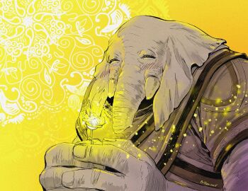 1girl abstract_background animal_ears bellpepperart closed_eyes commentary dated elephant_ears elephant_girl english_commentary final_fantasy final_fantasy_xiv floral_background flower flower_request furry furry_female holding holding_flower indian_clothes matanga nidhana sari solo tusks yellow_background