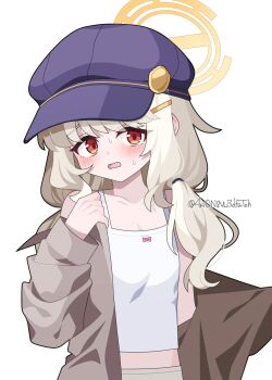 1girl 4rion absurdres aoba_(blue_archive) bare_shoulders blonde_hair blue_archive blue_halo blue_hat blush brown_jacket camisole collarbone commentary ear_blush flat_chest furrowed_brow hair_ornament hairclip halo hand_up hat highres jacket loli long_hair long_sleeves looking_at_viewer low_twintails midriff off_shoulder open_clothes open_jacket open_mouth orange_halo peaked_cap red_eyes shorts simple_background solo sweatdrop twintails twitter_username upper_body white_background white_camisole yellow_halo yellow_shorts