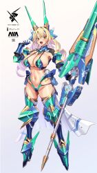 Rule 34 | 1girl, armor, bikini, bikini armor, breasts, bursting breasts, character request, cleavage, drill hair, gloves, highres, large breasts, legs, long hair, looking at viewer, nadare-san (nadare3nwm), navel, open mouth, orange eyes, smile, swimsuit, thick thighs, thighs, toned, weapon