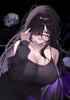 1girl absurdres adjusting_eyewear bags_under_eyes bare_shoulders black-framed_eyewear black_background black_cardigan black_dress black_hair blush breasts cardigan chromatic_aberration cleavage collarbone colored_inner_hair commentary covered_navel cowboy_shot dress e9ua1 fingernails floating_skull glasses goddess_of_victory:_nikke hair_over_one_eye hand_up highres label_(nikke) large_breasts leaning_forward long_hair long_sleeves looking_at_viewer lower_teeth_only mole mole_on_breast multicolored_hair off_shoulder one_eye_covered open_cardigan open_clothes parted_lips purple_background purple_eyes purple_hair raised_eyebrows sleeveless sleeveless_dress sleeves_past_wrists solo spaghetti_strap standing sweat teeth two-tone_background two-tone_hair very_long_hair wavy_mouth