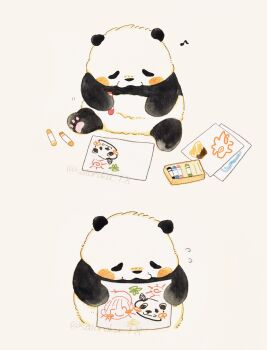 absurdres animal animal_focus bear commentary_request crayon drawing_(object) ebinomaegami flying_sweatdrops highres holding holding_crayon musical_note no_humans original panda paper simple_background white_background