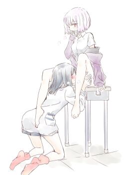 2girls 66ta1yak1 bad_id bad_pixiv_id barefoot black_hair blush clothed_sex cunnilingus gridman_universe heavy_breathing jacket jacket_partially_removed kneeling long_hair multiple_girls oral purple_hair purple_jacket red_eyes red_socks shinjou_akane shirt short_hair sitting sitting_on_table socks ssss.gridman sweat takarada_rikka white_shirt yuri