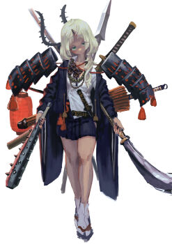 1girl armor asymmetrical_dual_wielding bead_necklace beads blonde_hair blush bow bowtie club_(weapon) collared_shirt dual_wielding full_body green_eyes hair_over_shoulder head_tilt highres horns jacket japanese_armor jewelry jonpei lantern long_hair looking_at_viewer necklace off_shoulder oil-paper_umbrella open_clothes open_collar open_jacket original paper_lantern pleated_skirt sandals shirt shoulder_armor simple_background single_horn sketch skirt sode solo sword tabi tassel umbrella weapon weapon_request white_background white_shirt zouri