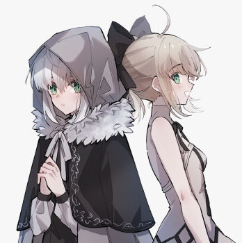 2girls :d ahoge artoria_pendragon_(fate) black_bow black_cape black_ribbon blonde_hair bow breasts cape fate/unlimited_codes fate_(series) gray_(assassin)_(fate) gray_(fate) green_eyes grey_hoodie hair_between_eyes hair_bow highres hood hood_up hooded hoodie long_hair lord_el-melloi_ii_case_files multiple_girls nayu_tundora neck_ribbon open_mouth own_hands_clasped own_hands_together parted_lips ponytail ribbon saber_lily saber_lily_(third_ascension) silver_hair simple_background sleeveless small_breasts smile upper_body white_background