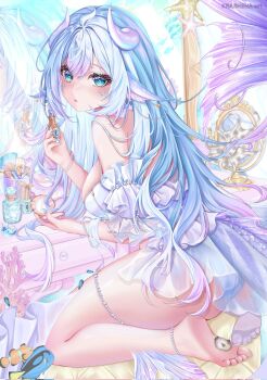 1girl artist_name ass barefoot blue_eyes blue_hair blue_nails breasts clownfish commentary coral english_commentary eyelashes feeshyz fins fish head_fins heart heart_in_eye highres holding horns indie_virtual_youtuber krashena lipstick long_hair makeup makeup_brush mirror octopus reflection regal_blue_tang scales solo star_(symbol) starfish symbol_in_eye virtual_youtuber