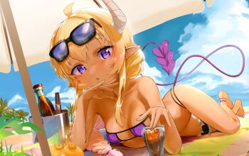 1girl absurdres ahoge barefoot beach beach_towel beach_umbrella bikini blonde_hair blue_sky braid broken_horn cola condensation cup demon_girl demon_horns demon_tail drinking_glass eltir eyewear_on_head fang food from_below fruit highres horns ice_bucket lilith_(machikado_mazoku) lilith_(true_form)_(machikado_mazoku) long_hair looking_at_viewer lying machikado_mazoku micro_bikini orange_(fruit) palm_tree purple_bikini purple_eyes seaside single_braid skin_fang sky sunglasses swimsuit tail tan tanning towel tree tropical umbrella