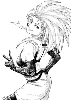 1girl artist_name breasts chuckuddin earrings elbow_gloves eyelashes gloves grin hand_on_own_hip highres jewelry looking_back medium_breasts medium_hair monochrome pearl_earrings ryouko_(tenchi_muyou!) signature smile solo spiked_hair teeth tenchi_muyou! v