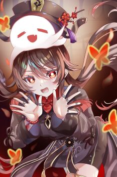 1girl :d blush boo_tao_(genshin_impact) brown_hair brown_hat brown_shirt brown_shorts bug butterfly commentary_request cowboy_shot double-parted_bangs flower flower-shaped_pupils genshin_impact ghost hair_between_eyes hair_flower hair_ornament hair_rings hapaa hat hat_flower highres hu_tao_(genshin_impact) insect leaning_forward long_hair long_sleeves looking_at_viewer low_twintails open_mouth red_eyes red_flower shirt shorts smile solo_focus symbol-shaped_pupils twintails