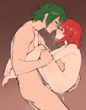 1boy 1girl absurdres affectionate breasts brown_background commentary completely_nude cum english_commentary eye_contact full_body gradient_background green_hair hetero highres kenshin187 lifting_another&#039;s_clothes looking_at_another medium_breasts nipples nude original penis red_eyes red_hair saliva saliva_trail sex short_hair suspended_congress sweat