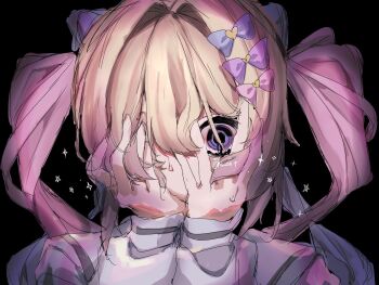 1girl blonde_hair blue_bow blue_eyes blue_hair blue_shirt bow chouzetsusaikawa_tenshi-chan hair_bow hands_on_own_face hashtag-only_commentary highres hn_ost long_hair multicolored_hair multiple_hair_bows needy_girl_overdose pink_bow pink_hair purple_bow quad_tails shirt solo sweatdrop twitter_username very_long_hair