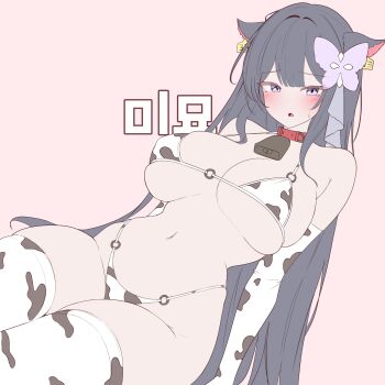 1girl animal_collar animal_ears animal_print bell bikini blue_eyes blue_hair blush breasts butterfly_hair_ornament character_request collar commentary_request cow_ears cow_print cow_print_bikini cow_print_gloves cow_print_thighhighs cowbell cowboy_shot double-parted_bangs elbow_gloves fake_animal_ears flat_color gloves hair_ornament highres indie_virtual_youtuber large_breasts long_hair looking_at_viewer navel neck_bell open_mouth pink_background print_bikini print_gloves print_thighhighs rapid17 simple_background skindentation small_sweatdrop solo stomach swimsuit thick_thighs thighhighs thighs virtual_youtuber