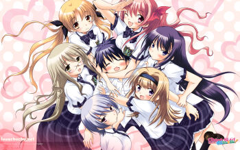1boy 6+girls aoi_sena bare_legs black_pantyhose blonde_hair blue_hair blush bow bowtie breast_press breast_rest breasts breasts_on_head brother_and_sister chaos;head chaos;head_love_chu_chu! collared_shirt curly_hair dress_shirt everyone glasses green_eyes green_hair harem highres hug kishimoto_ayase kusunoki_yua large_breasts long_hair long_skirt medium_breasts miniskirt multiple_girls necktie nishijou_nanami nishijou_takumi official_art one_eye_closed open_collar open_mouth orihara_kozue pantyhose pink_eyes pink_hair plaid_bow plaid_bowtie plaid_clothes plaid_necktie plaid_skirt plaid_sleeves pleated_skirt purple_bow purple_bowtie purple_eyes purple_hair purple_skirt round_eyewear sakihata_rimi salute school_emblem school_uniform science_adventure shirt short_hair short_sleeves siblings skirt small_breasts smile suimei_academy_school_uniform sumi_hei summer_uniform thighs white_shirt yellow_eyes