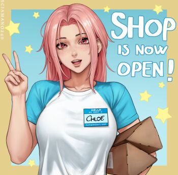 1girl artist_name box breasts chloe_(sciamano240) collarbone commentary earrings english_commentary english_text framed freckles holding holding_box jewelry large_breasts lips long_hair looking_at_viewer open_mouth original outside_border parted_bangs pink_hair red_eyes sciamano240 shirt sidelocks simple_background smile solo t-shirt upper_body v