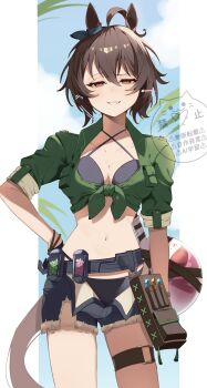 1girl absurdres agnes_tachyon_(lunatic_lab)_(umamusume) agnes_tachyon_(umamusume) animal_ears bikini black_bikini black_gloves black_shorts blush breasts brown_hair fur_trim gloves green_shirt grin hair_between_eyes hand_on_own_hip highres horse_ears horse_girl horse_tail koroeda6 large_breasts looking_at_viewer official_alternate_costume open_clothes open_shorts red_eyes shirt short_hair short_shorts shorts smile solo swimsuit tail tied_shirt umamusume