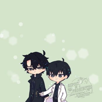 2boys :/ black_coat black_hair black_shirt chibi chibi_only coat collared_shirt cowboy_shot hand_in_pocket hand_on_another&#039;s_hip highres kim_dokja kimidori_22 light_particles looking_at_another male_focus multiple_boys notice_lines omniscient_reader&#039;s_viewpoint open_clothes open_coat popped_collar shirt short_hair smirk white_coat yoo_joonghyuk