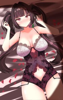 1girl black_hair blush breasts closed_mouth clothing_cutout collarbone flower hair_ornament highres himemiya_rie long_hair lying multicolored_hair navel navel_cutout on_back petals phase_connect pink_eyes pink_flower pink_hair pink_rose red_petals rose shadow smile solo streaked_hair tmpgoreng twintails virtual_youtuber