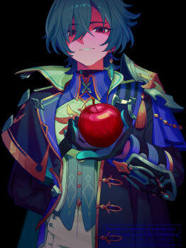 Rule 34 | 1boy, 39 iduki, apple, arm behind back, armor, black background, black choker, black coat, black gloves, blue cape, blue coat, blue gloves, blue shirt, blue vest, buttons, cape, choker, coat, collared shirt, commentary, crossed bangs, earrings, food, fruit, genshin impact, gloves, gold trim, grey hair, grin, hair between eyes, highres, holding, holding food, holding fruit, jewelry, lapels, lohen (genshin impact), long sleeves, looking at viewer, male focus, mole, mole under eye, multicolored eyes, multicolored gloves, open clothes, open coat, outstretched arm, pants, parted lips, pauldrons, red eyes, shaded face, shirt, short hair, shoulder armor, simple background, single earring, single pauldron, sleeve cuffs, smile, solo, standing, tassel, two-tone gloves, untranslatable commentary, vest, watermark, white pants, white shirt, wing collar