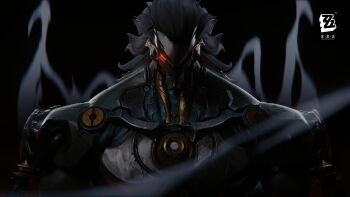 1boy absurdres banyue_(zenless_zone_zero) black_background black_theme copyright_logo copyright_name dark glowing glowing_eye grey_hair highres humanoid_robot logo looking_at_viewer male_focus medium_hair multicolored_hair official_art official_wallpaper red_eyes robot robot_boy solo two-tone_hair white_hair zenless_zone_zero