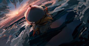 Rule 34 | 1girl, absurdres, blonde hair, cloud, commentary request, dress, facing away, floating, from behind, haruaki (onkai planaria), highres, holding, holding umbrella, long hair, outdoors, parasol, purple tabard, solo, sun, tabard, touhou, umbrella, very long hair, white dress, yakumo yukari, yin yang, yin yang print