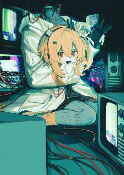 1girl a.i._voice adachi_rei android black_gloves black_pantyhose black_shirt cable disembodied_head gloves grey_skirt hair_between_eyes hair_ribbon hashtag-only_commentary headlamp highres holding_detached_head jacket looking_at_viewer lower_teeth_only open_clothes open_jacket open_mouth orange_eyes orange_hair pantyhose radio_antenna ribbon ritzchrono shirt side_ponytail sitting skirt solo static teeth television utau v wariza white_jacket white_ribbon