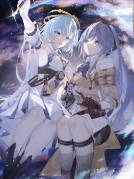 2girls absurdres aged_up ascot blue_eyes blue_hair bow brown_gloves brown_jacket brown_sleeves cleavage_cutout clothing_cutout crescent crescent_earrings detective earrings fascinator fu_hua fu_hua_(hawk_of_the_fog) fu_hua_(valkyrie_accipiter) gloves gradient_bow grey_hair griseo griseo_(cosmic_expression) hair_between_eyes high_ponytail highres honkai_(series) honkai_impact_3rd illust_riry jacket jewelry light_blue_hair long_hair multiple_girls ponytail purple_ascot tying_hair white_sleeves ytail