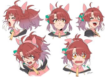 1girl ahoge animal_ears black_shrug blush bow brown_eyes brown_hair checkered_ribbon dantsu_flame_(center_spotlight)_(umamusume) dantsu_flame_(umamusume) ear_covers ear_ornament ear_ribbon hair_between_eyes highres horse_ears horse_girl mergeritter multicolored_hair occhahoi open_mouth shrug_(clothing) simple_background smile umamusume white_background white_hair
