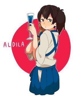 1girl alcohol blue_hakama brown_eyes brown_gloves brown_hair cocktail cocktail_glass commentary cropped_legs cup drinking_glass emu_(eomou) english_text gloves hakama hakama_skirt holding holding_cup japanese_clothes kaga_(kancolle) kantai_collection kimono looking_at_viewer looking_back partially_fingerless_gloves partly_fingerless_gloves side_ponytail simple_background single_glove skirt solo tasuki two-tone_background white_kimono wide_sleeves yugake