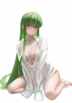 1girl absurdres ashencrow breasts c.c. cleavage code_geass collarbone full_body green_hair highres long_hair looking_at_viewer medium_breasts naked_shirt parted_lips partially_unbuttoned shirt simple_background sitting sleeves_past_fingers sleeves_past_wrists solo thighs very_long_hair white_background white_shirt yellow_eyes