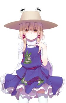 Rule 34 | 1girl, animal print, arm at side, blonde hair, blush, brown hat, closed mouth, colored eyelashes, commentary request, cowboy shot, crote, frilled skirt, frills, frog print, furrowed brow, hair between eyes, hair ribbon, hand up, hat, highres, large variant set, legs apart, long sleeves, looking at viewer, medium hair, moriya suwako, orange eyes, petticoat, purple skirt, purple vest, ribbon, ribbon-trimmed sleeves, ribbon trim, shirt, sidelocks, skirt, solo, standing, tachi-e, thighhighs, touhou, transparent background, turtleneck, turtleneck shirt, variant set, vest, white shirt, white thighhighs