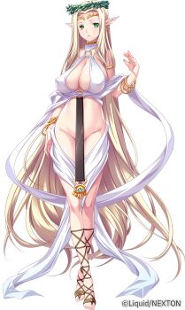 1girl armlet blonde_hair bracelet breasts celestine_lucullus collarbone earrings elf female_focus full_body green_eyes groin hikage_eiji jewelry kuroinu_gaiden_~in&#039;yoku_ni_oboreta_shouki-tachi_no_monogatari~ kuroinu_~kedakaki_seijo_wa_hakudaku_ni_somaru~ large_breasts legs_together liquid_(company) long_hair long_pointy_ears looking_at_viewer lots_of_jewelry no_bra no_panties pointy_ears revealing_clothes simple_background solo standing toes very_long_hair