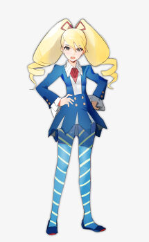 1girl absurdres blonde_hair blue_dress blue_pantyhose dress drill_hair grey_background hand_on_own_hip hashtag-only_commentary highres long_hair looking_at_viewer luna_platz_(mega_man) mega_man_(series) mega_man_star_force_(series) mr_gne5 pantyhose simple_background striped_clothes striped_pantyhose twin_drills